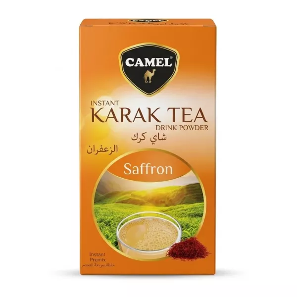 Front of Camel Instant Karak Tea Saffron box showing product name and saffron imagery