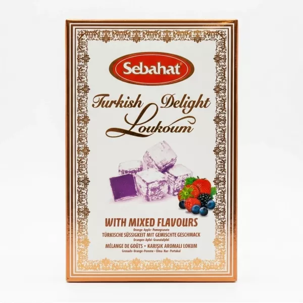 Front of Sebahat Turkish Delight Mixed Flavours box featuring fruit illustrations
