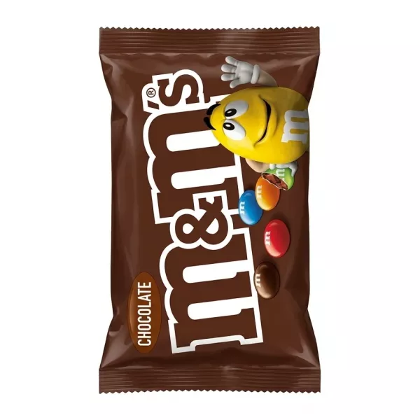 Front view of M&M's Chocolate 45g snack pack in hand