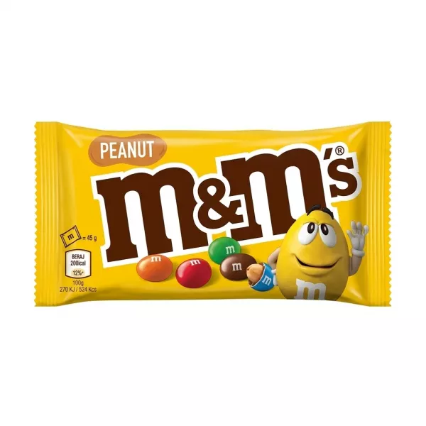 Front view of M&M's Peanut 45g pack in yellow packaging held in hand