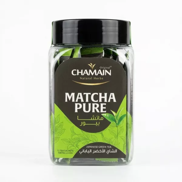 Front view of Chamain Matcha Pure Japanese Green Tea jar