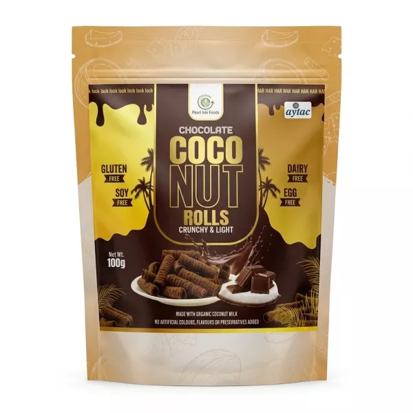 Front of Pearl Isle Foods Chocolate Coconut Rolls 100g bag in store