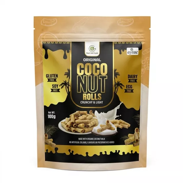Front of Pearl Isle Foods Original Coconut Rolls packaging, 100g, showing product and key features