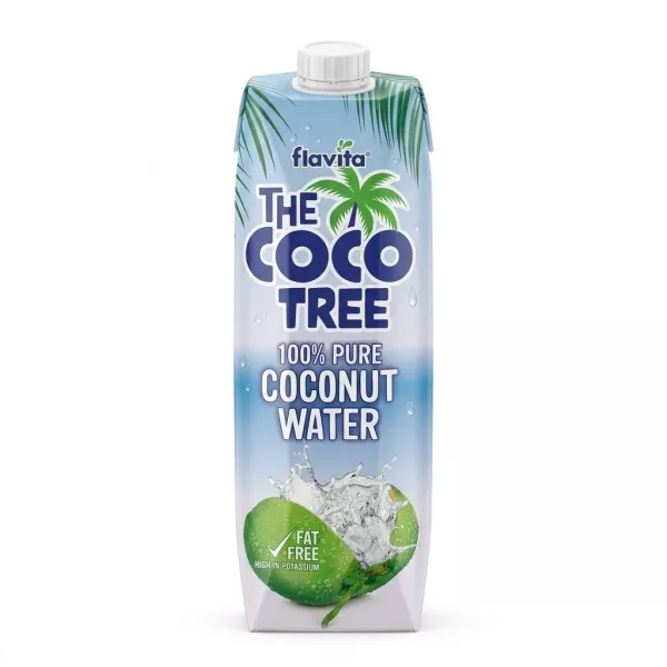 A 1-liter carton of Flavita The Coco Tree 100% Pure Coconut Water featuring a white screw cap and vibrant graphics including a coconut splash, highlighted as fat-free and high in potassium, against a clean white studio background.