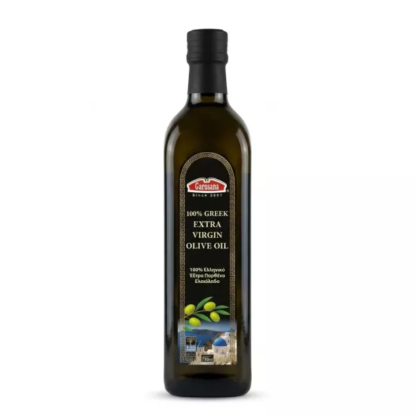 Front view of Garusana 100% Greek Extra Virgin Olive Oil 750ml bottle in-store