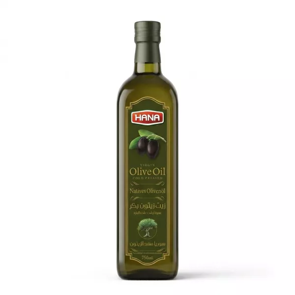 A 750ml glass bottle of Hana Virgin Olive Oil, featuring a detailed green label with images of whole olives and an olive tree, is centrally positioned against a clean white background.