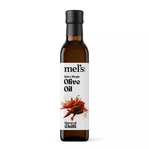 Front view of Mel's Extra Virgin Olive Oil Chilli flavour 250ml bottle