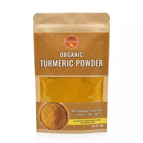 Front view of NaturFresh Organic Turmeric Powder 50g pouch with product price