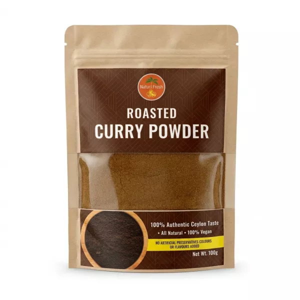 Front of Natur Fresh Roasted Curry Powder 100g pouch, price label visible