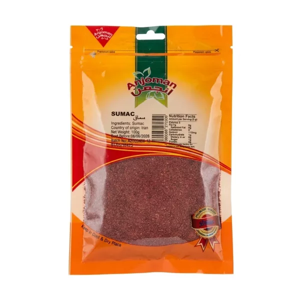 Front of Anjoman Sumac 100g pack with ingredients and price label