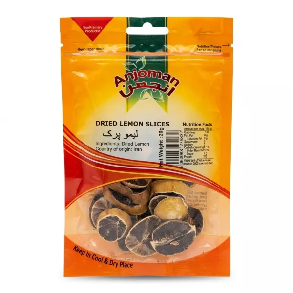 Front view of Anjoman Dried Lemon Slices 20g pack with visible dried lemon inside.