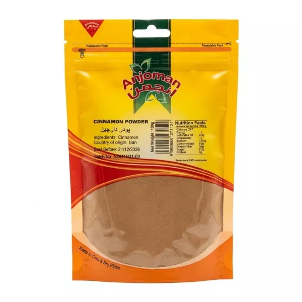 Front of Anjoman Cinnamon Powder 100g pack showing ingredients and price