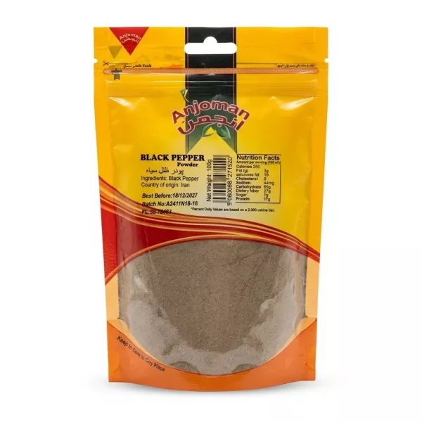 Anjoman Black Pepper Powder 100g front pouch, ingredient and price details visible