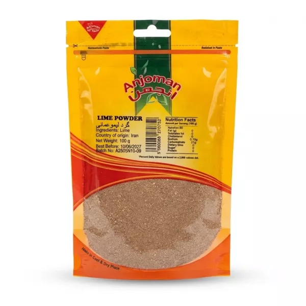 Front view of Anjoman Lime Powder 100g pack showing price and ingredients