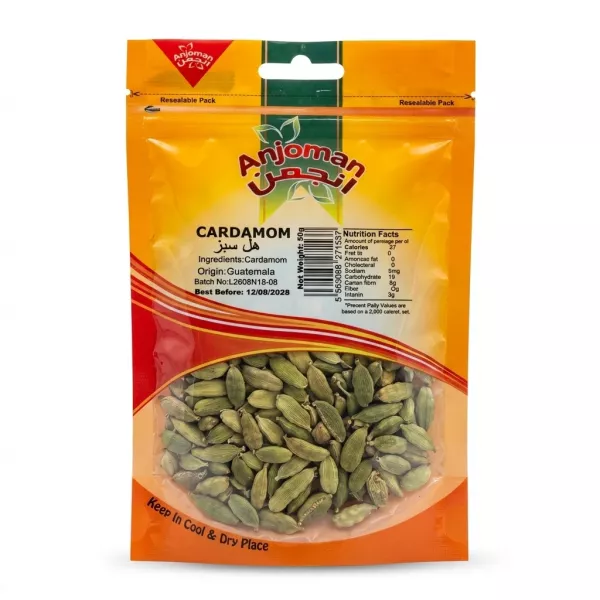 Front view of Anjoman Cardamom Pods 50g pack with visible pods and price label