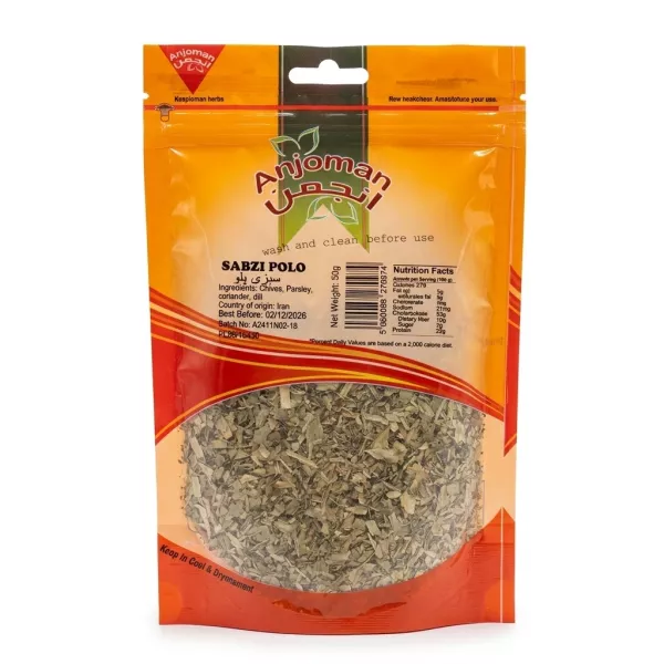 Front of Anjoman Sabzi Polo herb mix pack with visible herbs and label