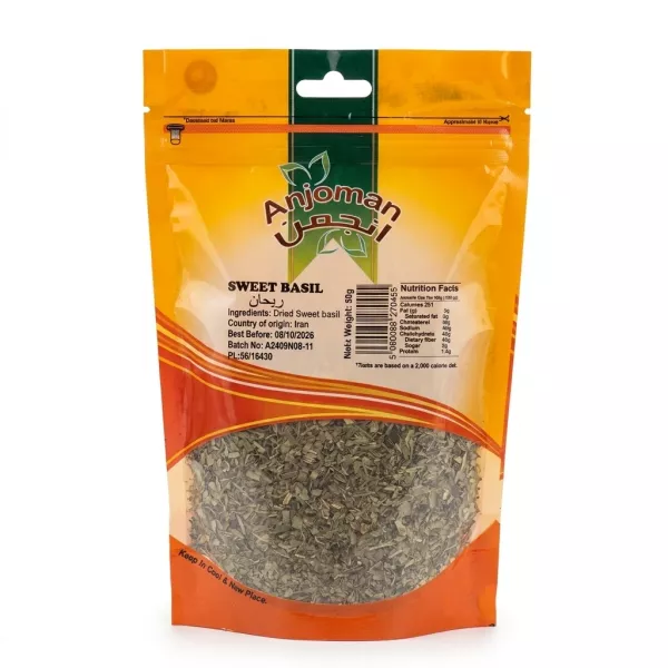 Front of Anjoman Sweet Basil Dried 50g pack showing product and label