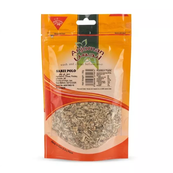 Front of Anjoman Sabzi Polo Dried Herb Mix 50g pack showing ingredients and price