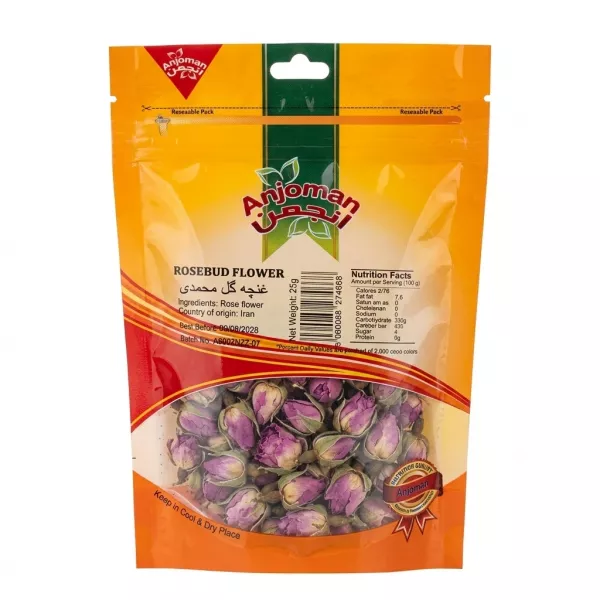 Front view of Anjoman Rosebud Flower 25g pack in a shop with visible rosebuds