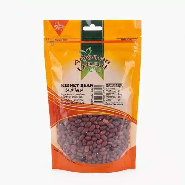 A professional studio photograph of a 400g pouch of Anjoman Kidney Beans, featuring a clear window displaying the red beans and a clean white background.