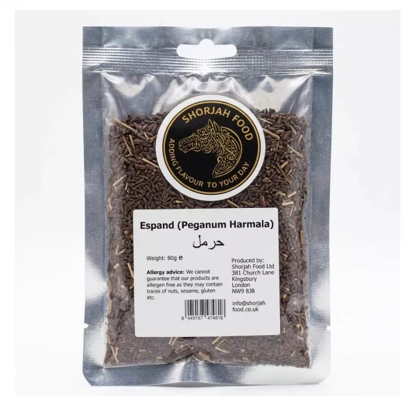Front of Shorjah Food Espand Peganum Harmala 80g pack in store setting