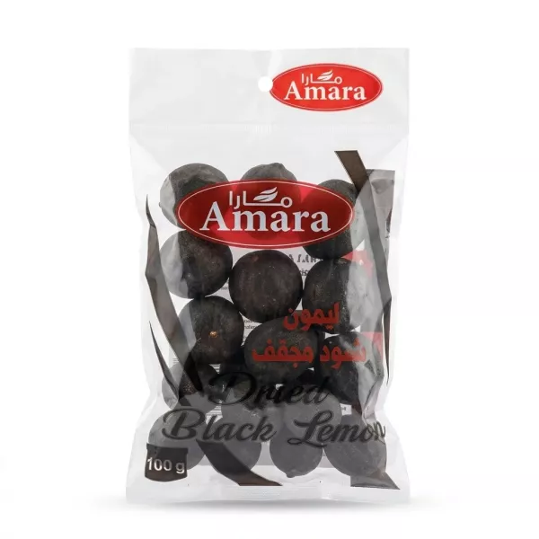 Front of Amara Dried Black Lemon 100g pack showing black lemons in a clear pouch, price label £1.49
