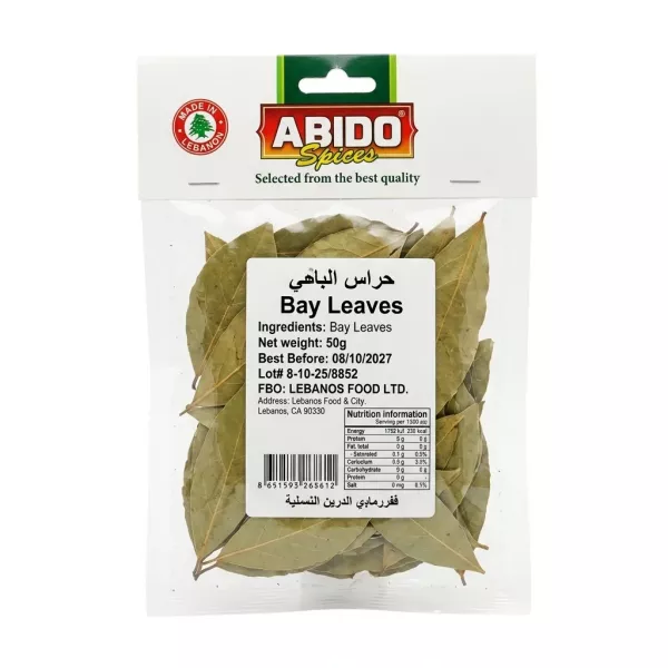 Front of Abido Bay Leaves 50g pack showing ingredient label and clear packaging