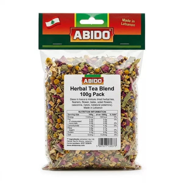 Front of Abido Herbal Tea Blend 100g pack with ingredient label