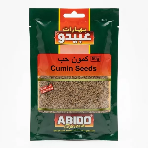 Front view of Abido Cumin Seeds 50g pack, displaying branding and clear cumin seeds inside.