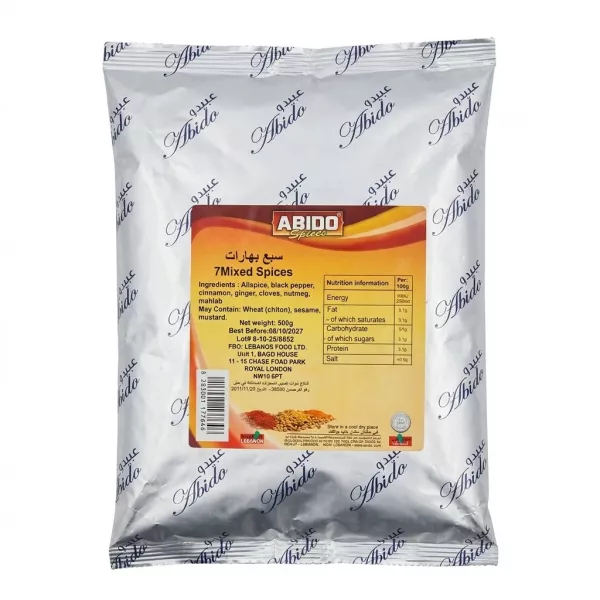 Front of Abido 7 Mixed Spices 500g pack showing label and ingredients