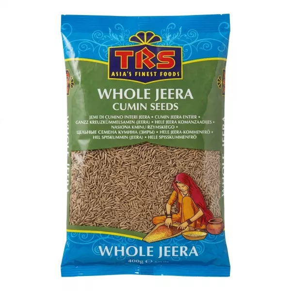 Front of TRS Whole Jeera Cumin Seeds 400g pack with label and price