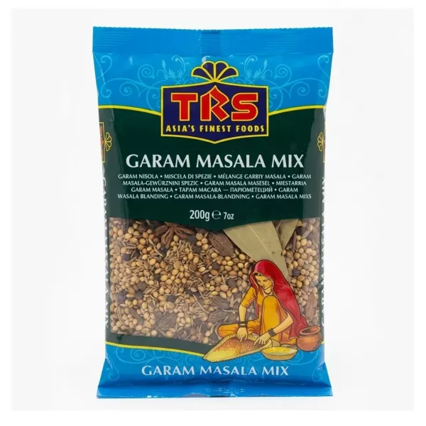 Front of TRS Garam Masala Mix 200g pack showing clear branding and whole spices inside