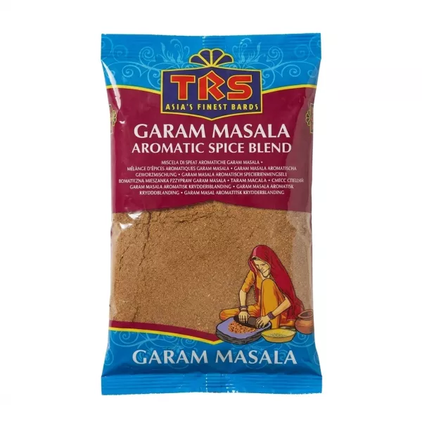 Front of TRS Garam Masala Aromatic Spice Blend pack in a shop