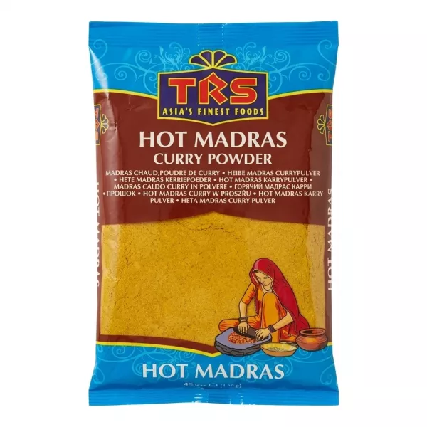 Front of TRS Hot Madras Curry Powder packet with visible price label