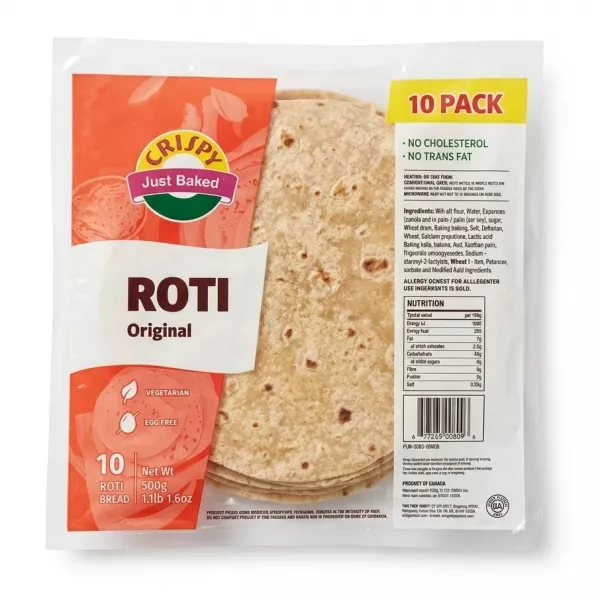 Pack of Crispy Just Baked Original Roti 10 pieces with label and price