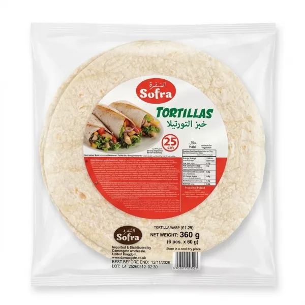 Front of Sofra Tortilla Wraps 25cm 6 pack with packaging details
