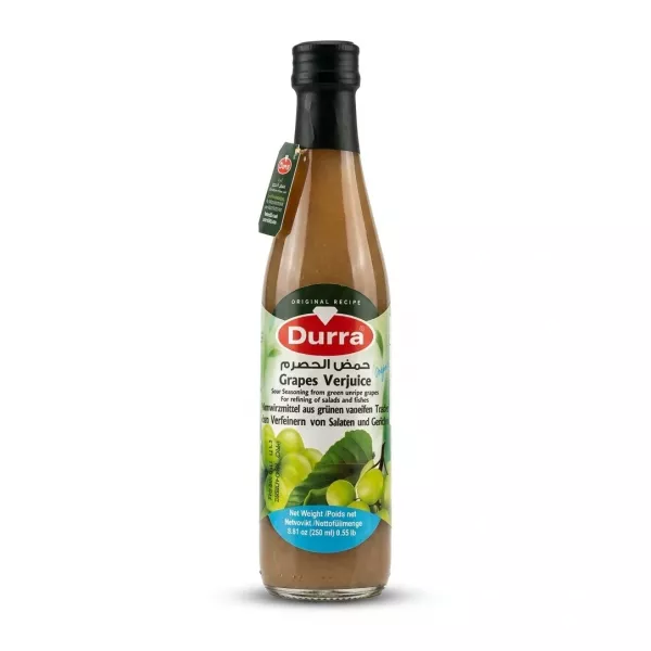 Front of Durra Grapes Verjuice 250ml bottle with visible label and ingredients