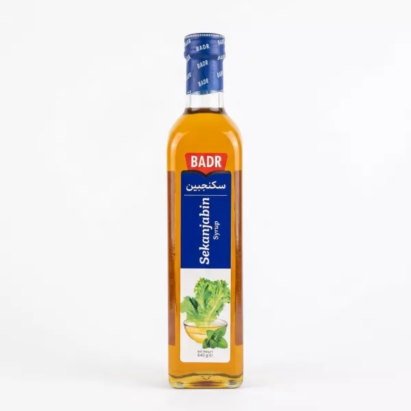 Front of Badr Sekanjabin Syrup 640g bottle showing label and ingredients
