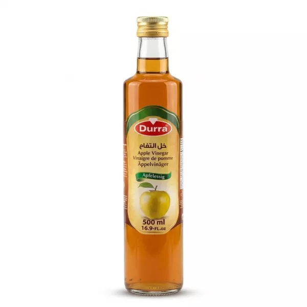 Front of Durra Apple Vinegar 500ml glass bottle showing label