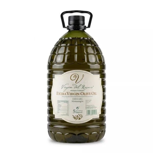 Hand holding Virgen del Rosario Extra Virgin Olive Oil 5L bottle on a grocery shelf