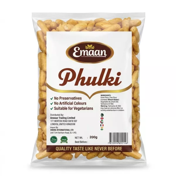 Front of Emaan Phulki 200g pack showing product branding, ingredients, certifications and price