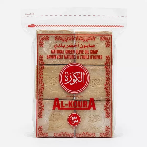 Front of Al-Koura Natural Green Olive Oil Soap pack with price label