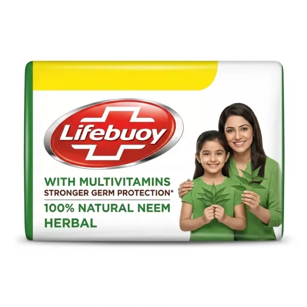 Front of Lifebuoy Neem Herbal Soap Bar packaging with branding and family image