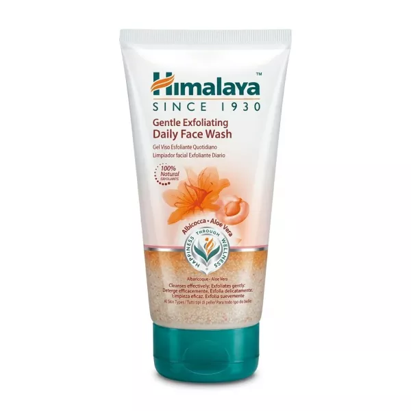 Front of Himalaya Gentle Exfoliating Daily Face Wash 150ml tube held in hand