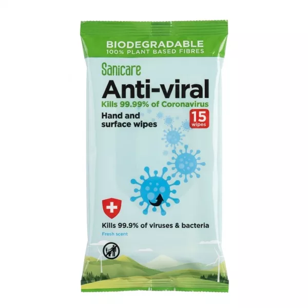 Front view of Sanicare Anti-Viral Hand and Surface Wipes 15 pack with green packaging and virus illustration