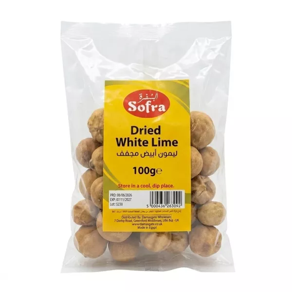 Front of Sofra Dried White Lime 100g pack in clear plastic bag with yellow label