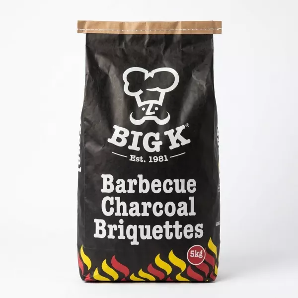 Front of Big K Barbecue Charcoal Briquettes 5kg bag showing product branding