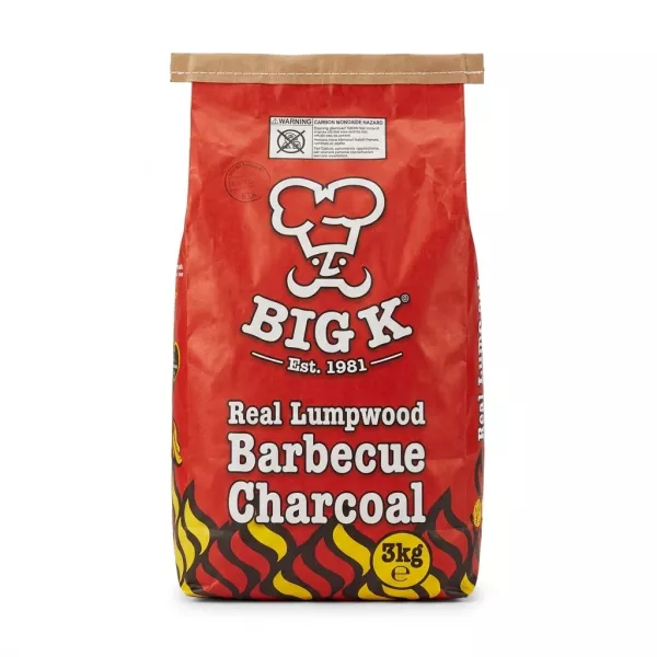 Front view of Big K Real Lumpwood Barbecue Charcoal 3kg red bag
