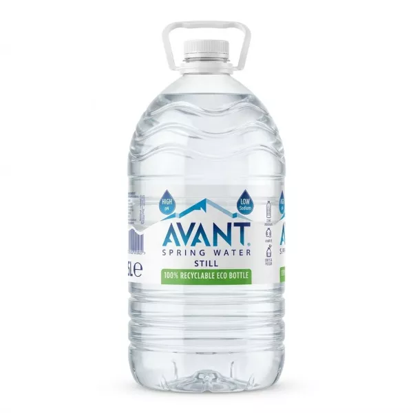 Front of Avant Spring Water Still 5L bottle showing eco label and handle
