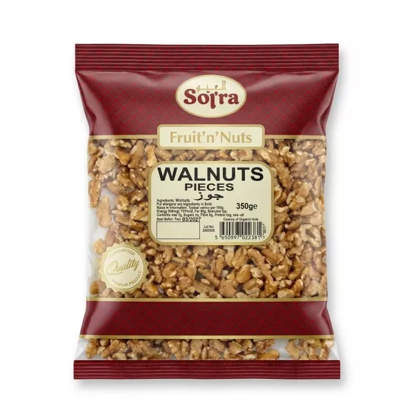 Front of Fruit'n'Nuts Walnut Pieces 350g pack with visible walnut pieces and product label